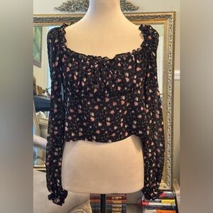 Wayf Black Ditsy Floral Ling Sleeve Women's Midriff Blouse, Sz Large, NWTS